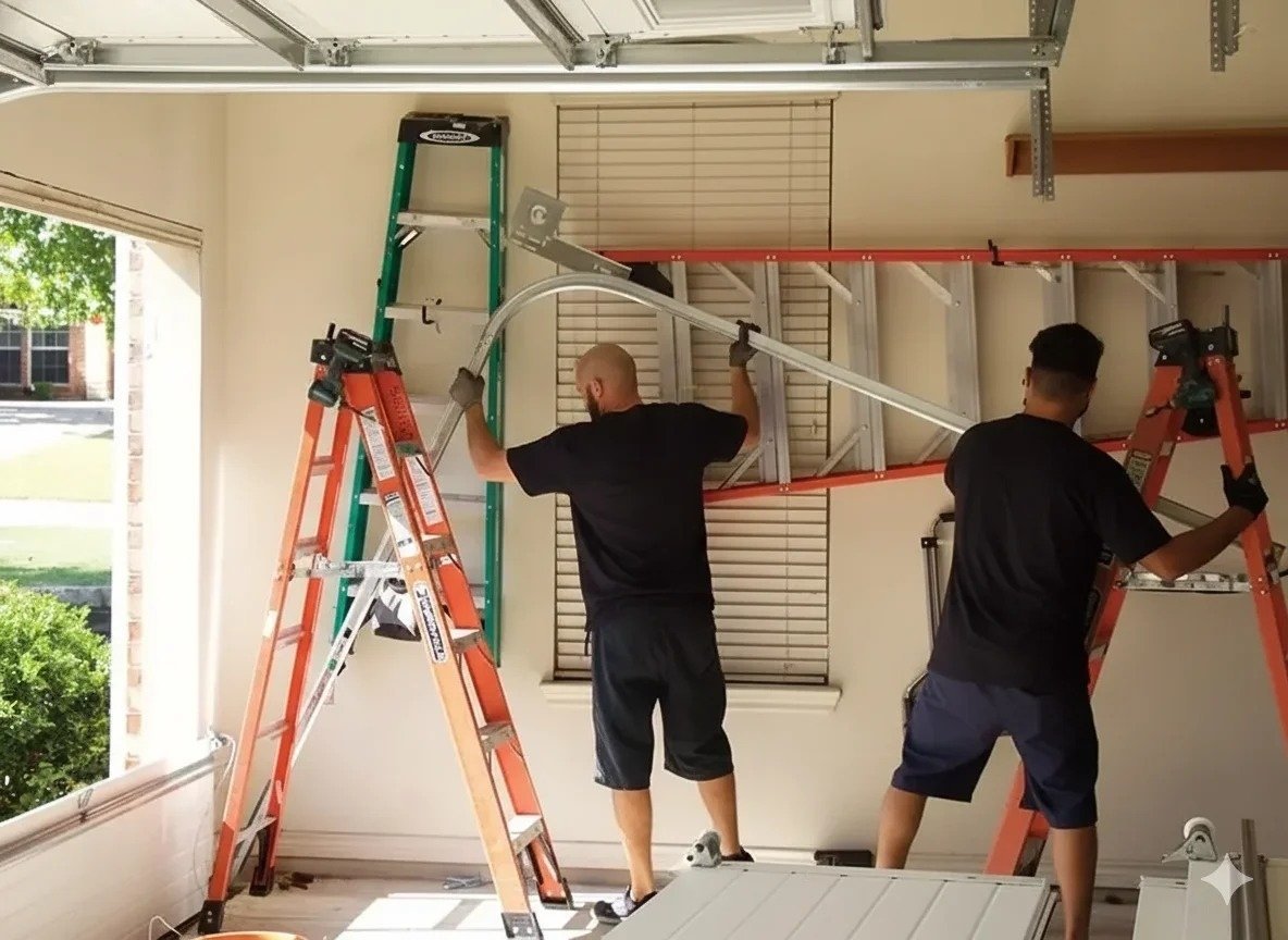 Two technicians on orange ladders adjusting garage door tracks