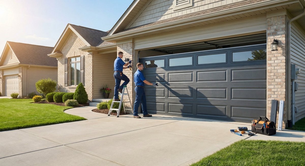 Two technicians outside a gray two-car garage door