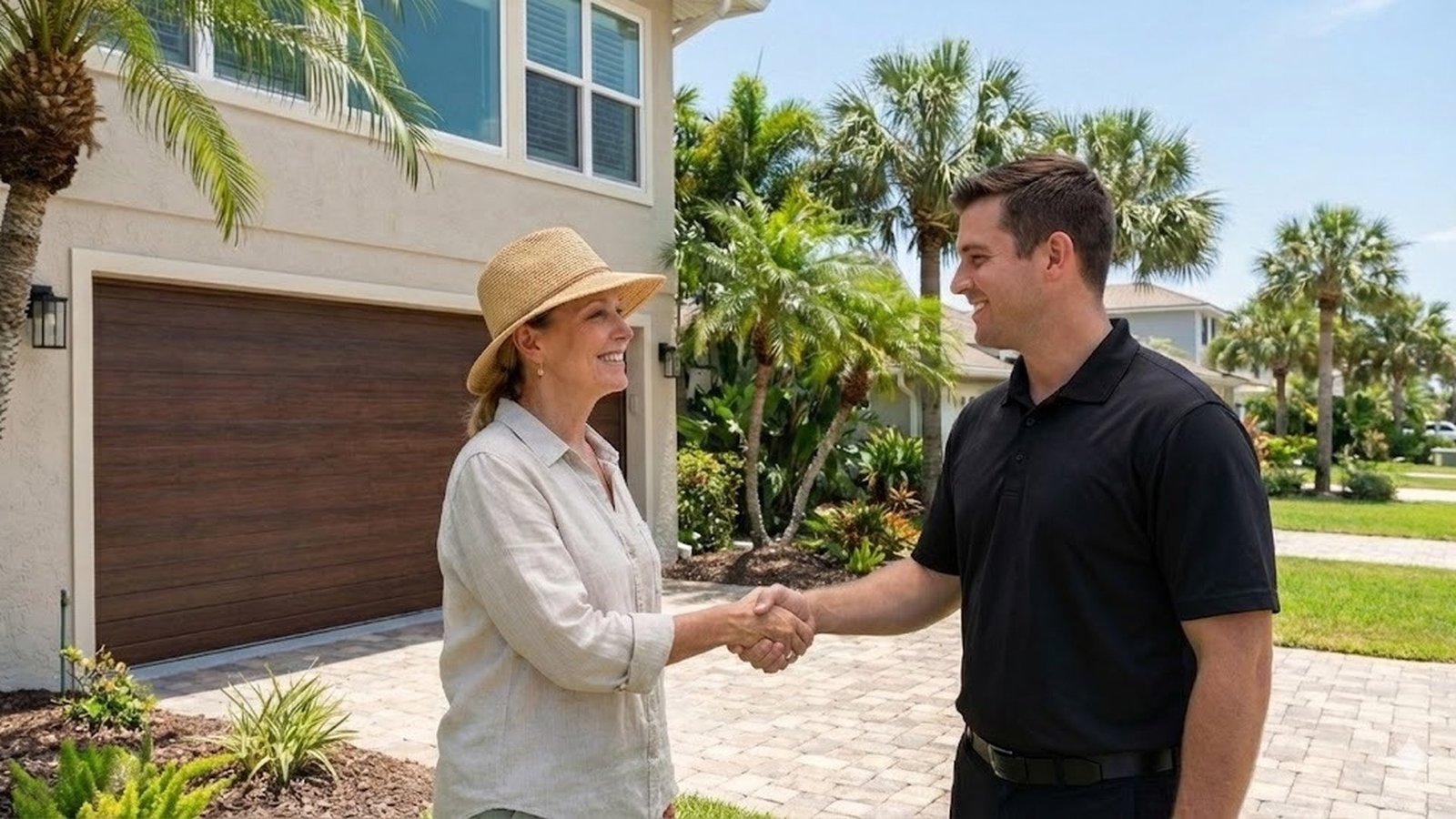 Technician shaking hands with a homeowner by a brown door in Niceville