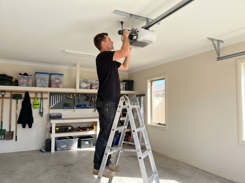 Technician on a ladder mounting a new opener head