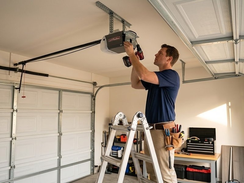 Technician on a ladder working on a ceiling-mounted opener